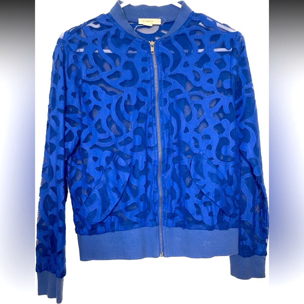 Vintage Carapace Floral Sheer Bomber Jacket in Blue with Silver Zipper